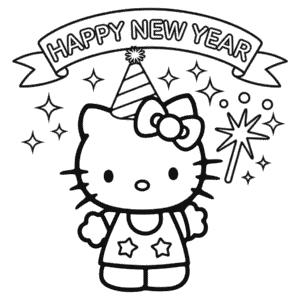 Desenho da Hello Kitty Feliz Ano Novo para Colorir