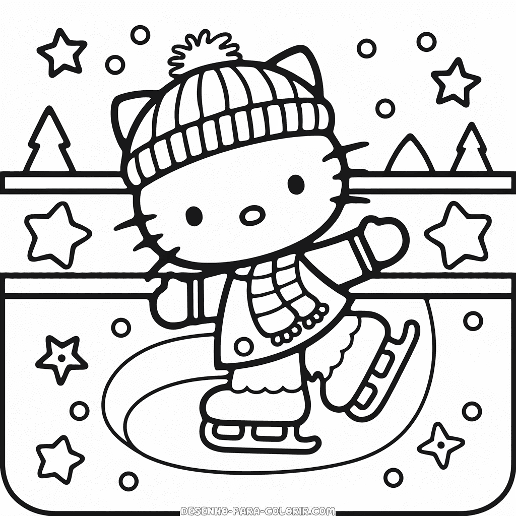 Desenho da Hello Kitty Patinando no Gelo para Colorir