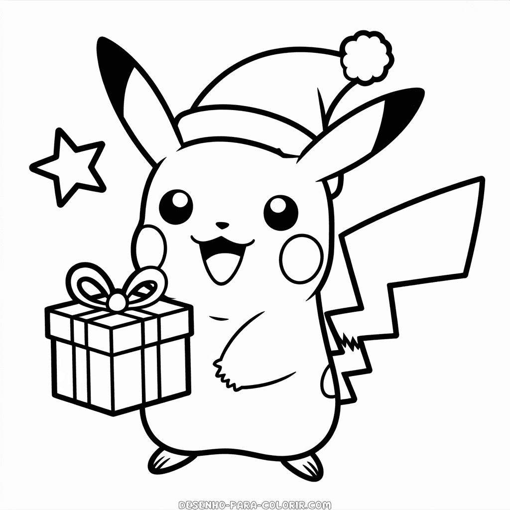 Desenho do Pikachu com Chapéu de Papai Noel para Colorir