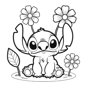 Desenho do Stitch com Flores para Colorir