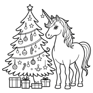 Desenho do Unicórnio e da Árvore de Natal para Colorir