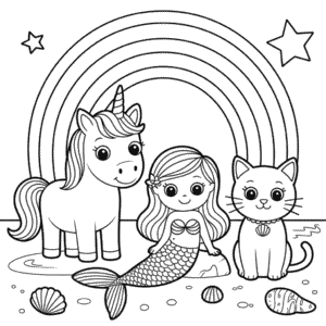 Desenho do Unicórnio, Sereia e Gato para Colorir