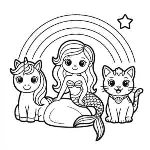 Desenho do Unicórnio, Sereia e Gato para Colorir