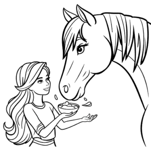 Desenho da Barbie Alimentando o Cavalo para Colorir
