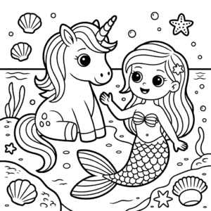 Desenho do Unicórnio Fofo e da Sereia para Colorir